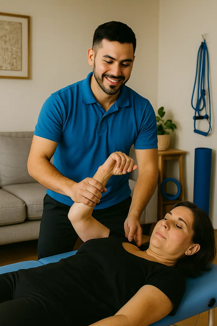 kinesiologo realizando terapia a domicilio de hombro a una paciente