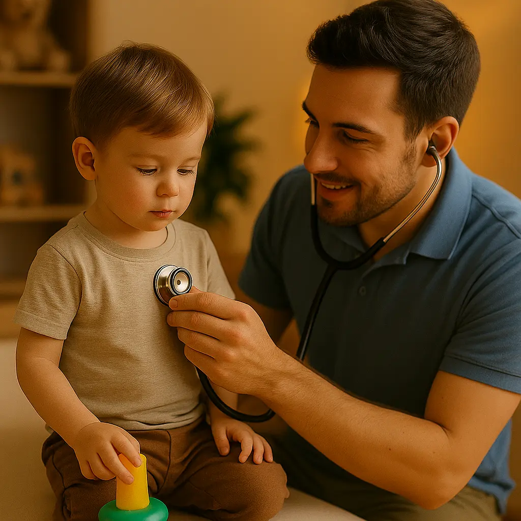 Kinesiólogo de Concepto K atendiendo a un niño en sesión de kinesiología respiratoria infantil a domicilio en Maipú